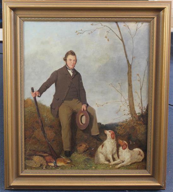 19th century English School Portrait of a gentleman seated in a landscape, with shotgun, game and gun dogs, 29.5 x 24.5in.